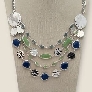 Blue Green Silver Tone Multi Strand Disc Statement Necklace – Layered Boho Chic